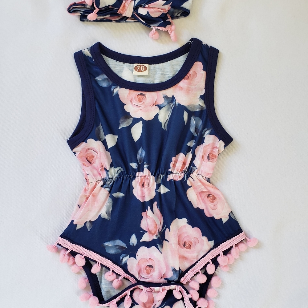 New Boutique Baby Girl Floral Navy Pink Romper Bow
